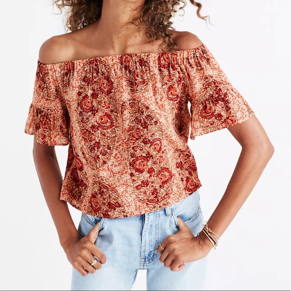 Madewell Tops - Madewell Top Boho Silk Blouse Floral Paisley Off Shoulder Large Summer Fall